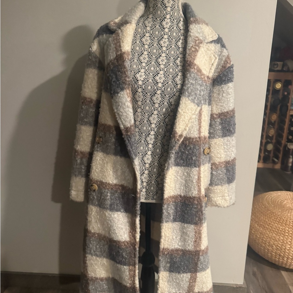 Gray Mix Oversized Plaid Soft Fuzzy Button Down Long Coat Size S